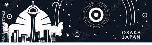 Canvas Print Osaka city vintage banner with abstract black and white cityscape and skyline