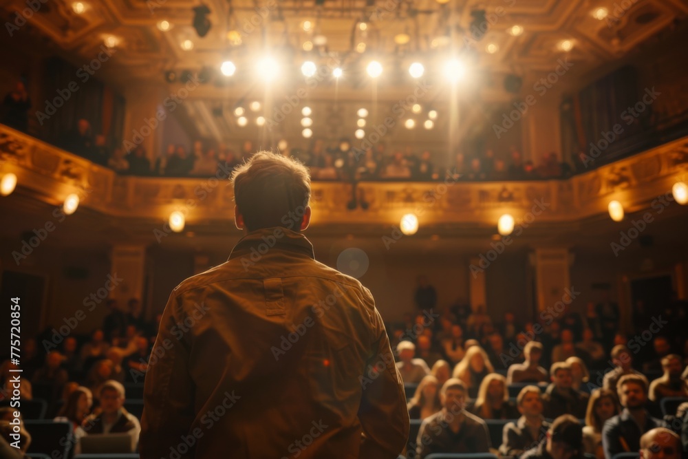 Back view of a speaker at a podium in a large, elegant auditorium facing a diverse audience under bright stage lights. Back view of a speaker at a podium in a large, elegant auditorium facing a diverse audience under bright stage lights.