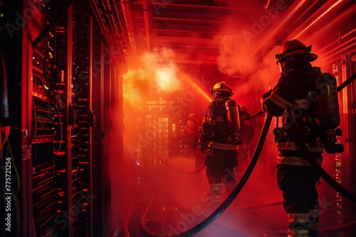 Firefighters extinguish a burning server room