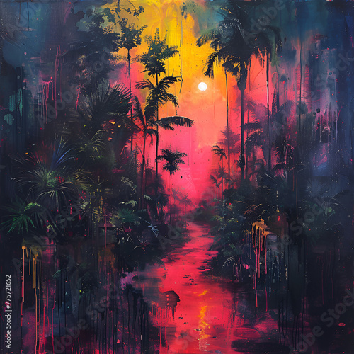 Abstract vibrant painting of a tropical sunset with palm trees and a river © neatlynatly
