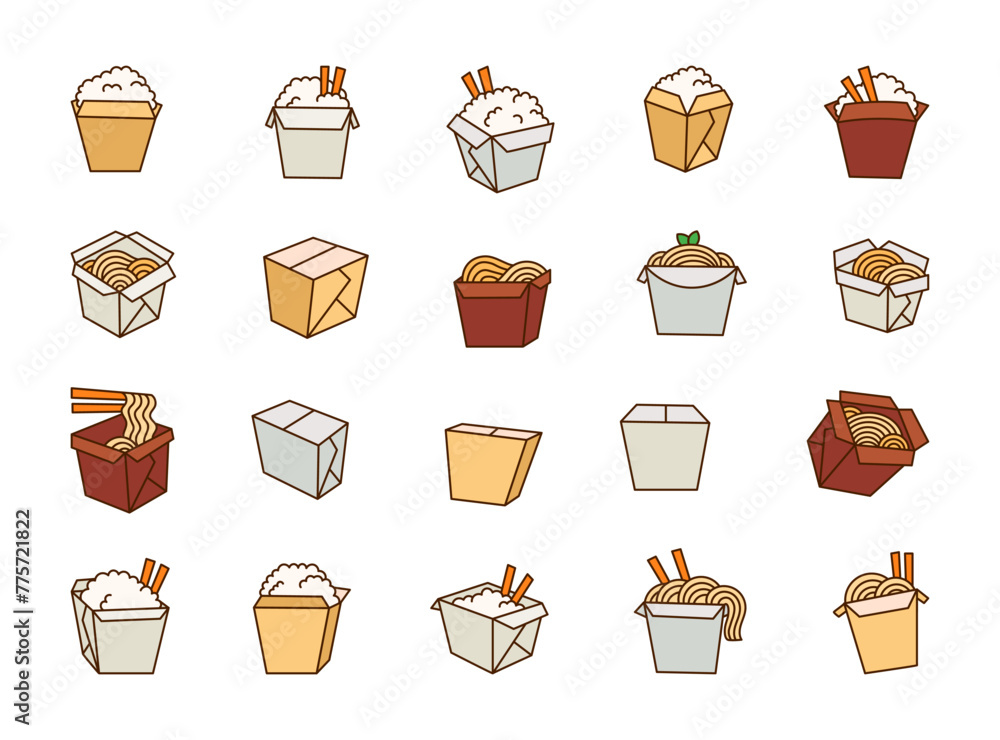 Wok box with Asian food. Noodle and rice. Hand drawn style. Vector drawing. Collection of design elements. Wok box with Asian food. Noodle and rice. Hand drawn style. Vector drawing. Collection of design elements.