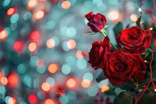 Red roses and rainbow holiday lights bokeh background. Red rose the Queen of flowers decorates the festive evening of Valentine's day lovers and important events.