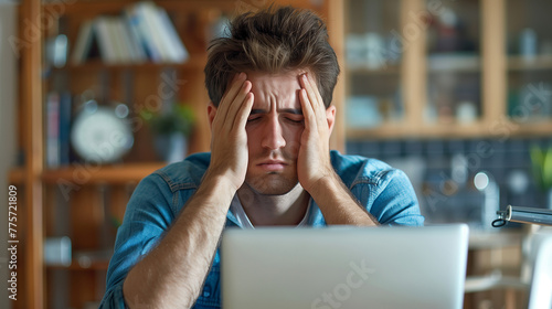 Youthful man is depicted massaging his tired eyes, visibly fatigued after a lengthy session of working on his laptop computer © Aekawat