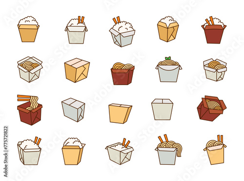 Wok box with Asian food. Noodle and rice. Hand drawn style. Vector drawing. Collection of design elements.