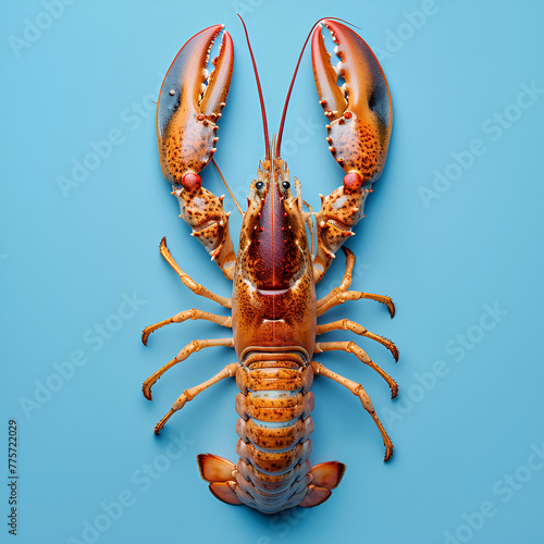 A vividly detailed lobster centered on a plain blue background. photo