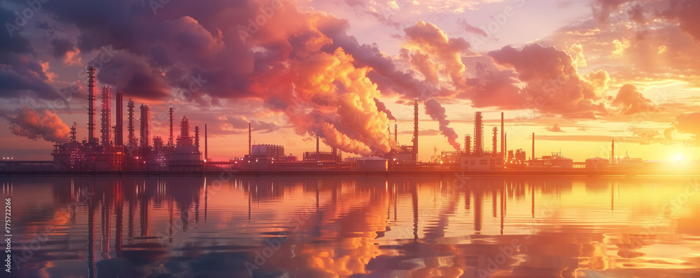 Industrial landscape at sunset with reflections on water. Industrial landscape at sunset with reflections on water.