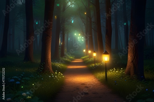 Enchanting forest path with glowing lanterns and fireflies. Magical nature scene. Generative AI © Ghulam