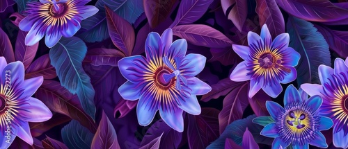 An abstract colorful passion flower seamless pattern on a purple tropical textile background