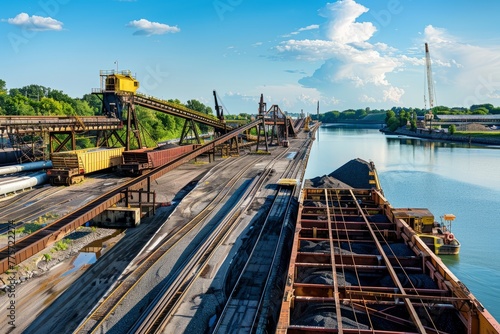 Coal Barge Being Loaded With Coal at a Mining Port Facility, With Conveyor Belts And Loading Equipment in Operation, Generative AI