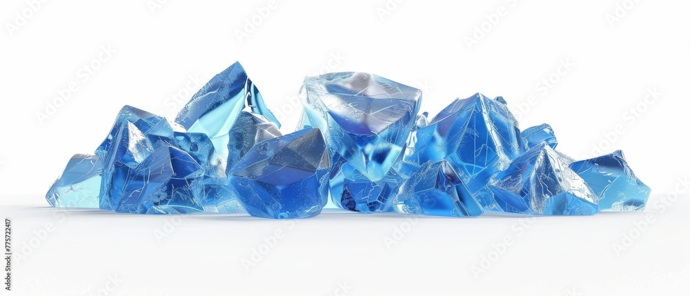 Isolated on a white background are three faceted blue ice pieces in three dimensions