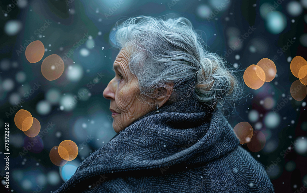 A woman with gray hair is wearing a black coat and scarf. She is standing in the snow and looking at the camera