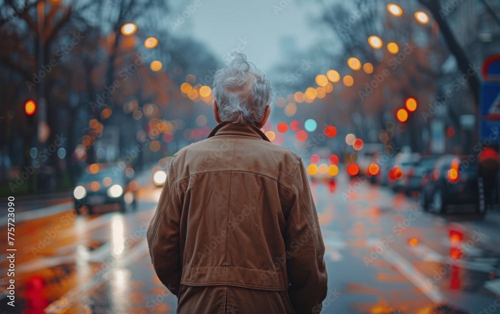 A man wearing a brown coat stands on a wet street in the rain. The street is busy with cars and traffic lights, and the man is waiting for a bus. The scene is somewhat gloomy and dreary A man wearing a brown coat stands on a wet street in the rain. The street is busy with cars and traffic lights, and the man is waiting for a bus. The scene is somewhat gloomy and dreary