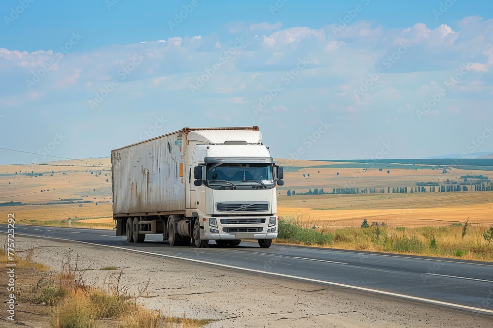 Cargo truck driving down the road in the middle of a field Cargo truck driving down the road in the middle of a field