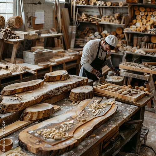 A craftsman working diligently in a woodshop surrounded by tools and wood pieces.