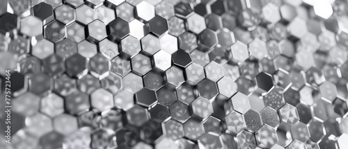 This is a 3D render, it contains a silver honeycomb wall texture, shiny hexagon clusters digital illustration, and an abstract glitter background.