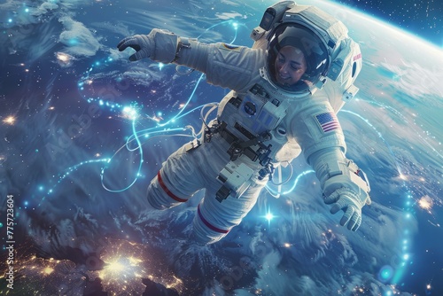 Female astronaut floating in space. © WaxWing_Ai