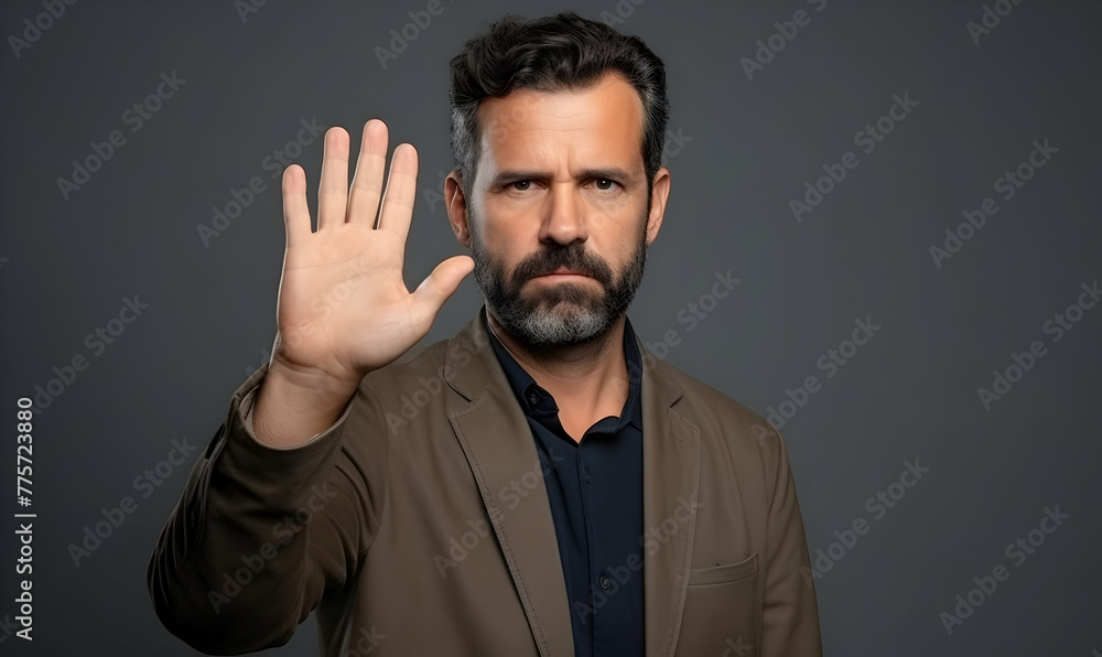 Isolated shot of serious European man makes greeting gesture stretches hand