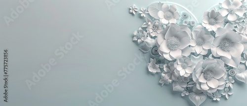 White paper flowers, floral background, bridal bouquet, wedding card, quilling, Valentine's day greeting card, heart shape, 3D render, digital illustration