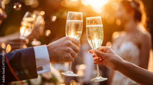 A bride and groom clinking champagne glasses at a festive occasion, with a bride in the background and warm, golden bokeh lights.