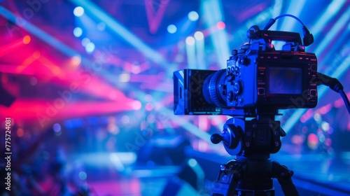 Professional video camera set up recording a live event with vibrant stage lighting and a blurred background.