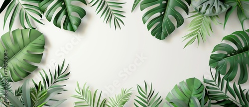 Tropical paper leaves  jungle wallpaper  square frame  white background  3D render