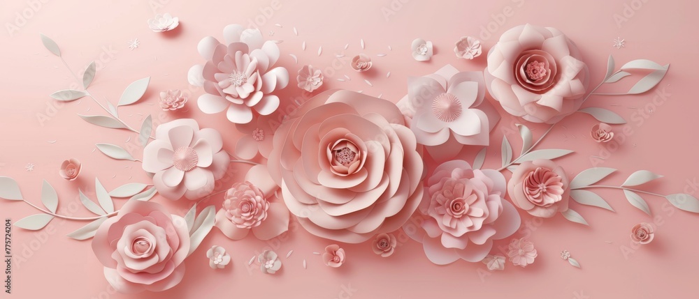 Rendering, abstract paper flowers, bridal bouquet, decorative floral design elements on a peachy rose pink background. - obrazy, fototapety, plakaty 