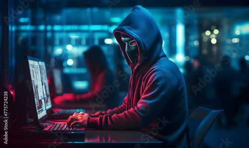 Male criminal wearing mask and hood to hack computer system, breaking into company servers to steal big data photo
