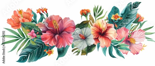 Illustration of a tropical flower, botanical illustration with decorative blooming branch, peony, rose, sakura, leaves, clipart element isolated on white