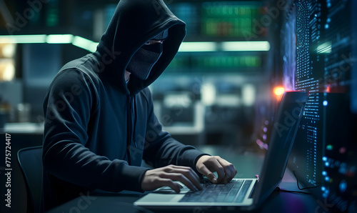 Male criminal wearing mask and hood to hack computer system, breaking into company servers to steal big data photo