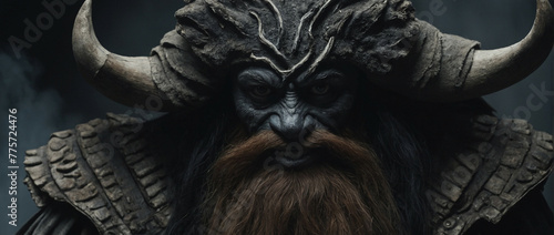 close-up of a demon with horns and long beard