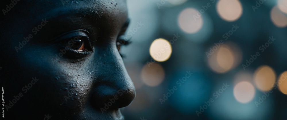 close-up of a person's face with bokeh lights in the background close-up of a person's face with bokeh lights in the background