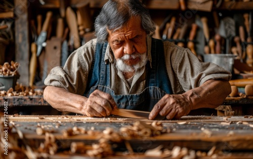 A man is working on a piece of wood with a saw. He is wearing a blue apron and has a beard. The scene is set in a workshop with many tools and materials around him. The man is focused on his work