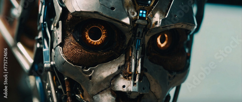 A futuristic half-human half-robot character with glowing eyes