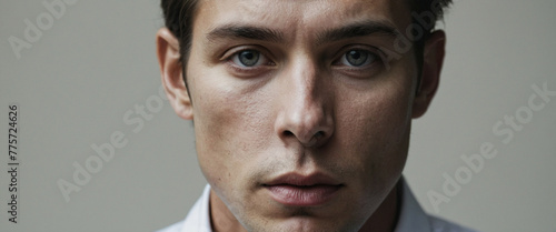A man with blue eyes stares directly at the camera