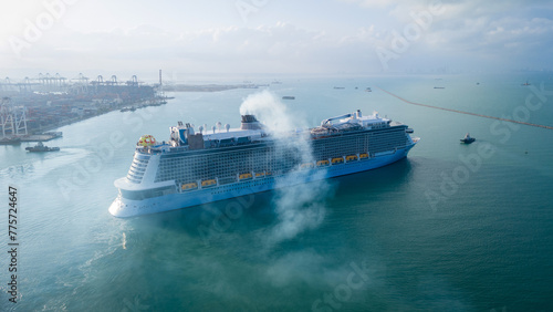 Smoke exhaust gas emissions from Cruise Ship, Cruise Liners beautiful white cruise ship above luxury cruise, diesel engine exhaust gas from combustion, Gas Emission Air Pollution from transportation