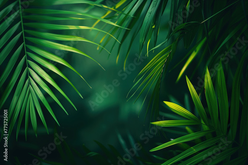 Palm tree leaves framing a tropical scenery. Slide background image. Created with Generative AI technology.