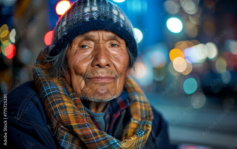 A man wearing a blue jacket and a blue hat with a yellow scarf. He has a serious expression on his face A man wearing a blue jacket and a blue hat with a yellow scarf. He has a serious expression on his face