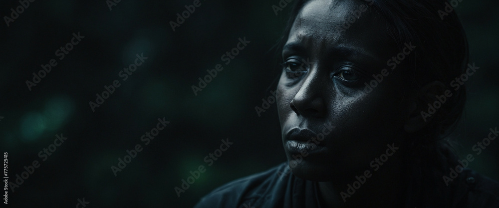 close-up portrait of a woman's face in a dark forest close-up portrait of a woman's face in a dark forest