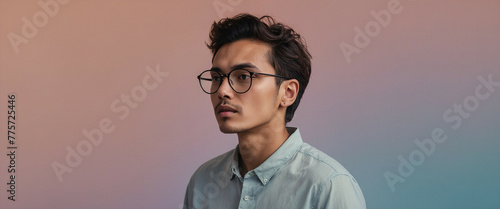 A man with curly hair and glasses against a soft gradient background