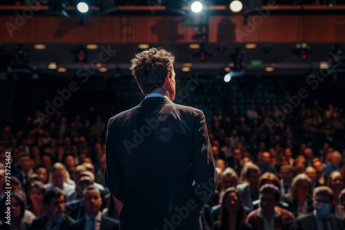 Rear view of a professional speaker talking to a crowd in a conference hall, portraying leadership and expertise in a corporate setting. © Victoriia