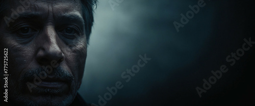 Moody close-up of a man in a dimly lit atmosphere