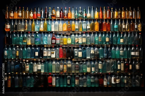 A large collection of colorful alcohol bottles arranged neatly on a wall, showcasing a variety of spirits and liqueurs. Generative AI