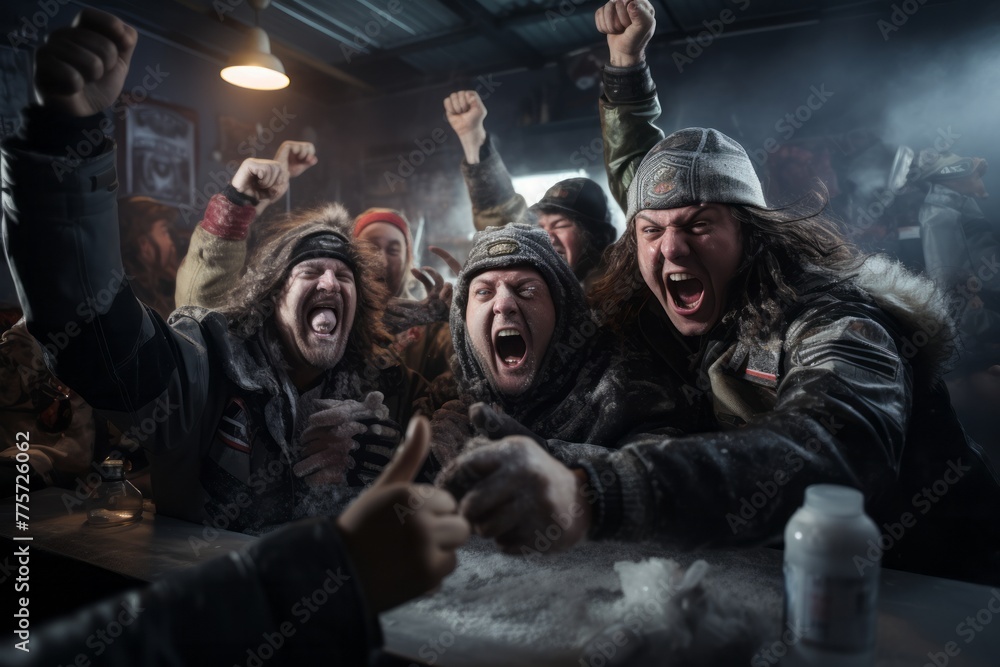 Obraz premium A diverse group of men, dressed in casual attire, are standing around a bar, engaged in conversation and laughter. The bar setting is casual and relaxed, with drinks visible on the counter