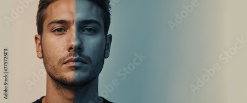A man's face is split in two, one half with a soft gradient of blue, showing regret