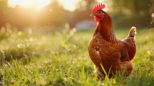 Golden light bathes the chicken in a serene farm setting at sunrise