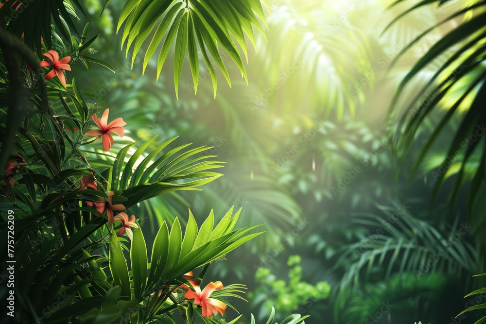 Palm tree leaves and flowers framing a tropical scenery. Slide background image. Created with Generative AI technology. Palm tree leaves and flowers framing a tropical scenery. Slide background image. Created with Generative AI technology.