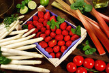 White Asparagus with Strawberries in a Box, Limes, Tomatoes and Rhubarb