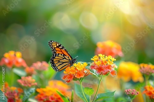 A beautiful butterfly sitting on vibrant orange and yellow flowers, with the sun shining brightly in the background © AH