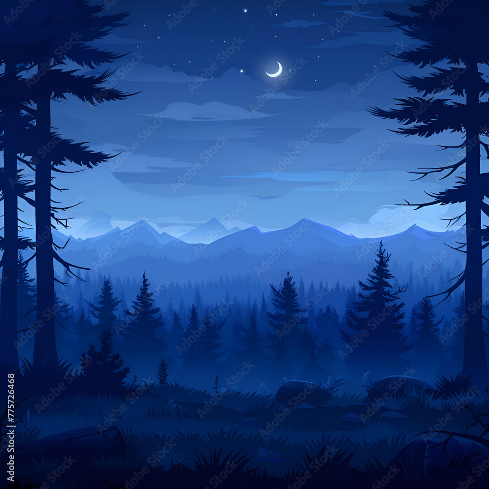 A serene night landscape with silhouetted pine trees against mountain backdrop under a starry sky.