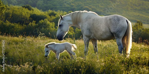 A white horse and its baby  seen from the side in green grassland